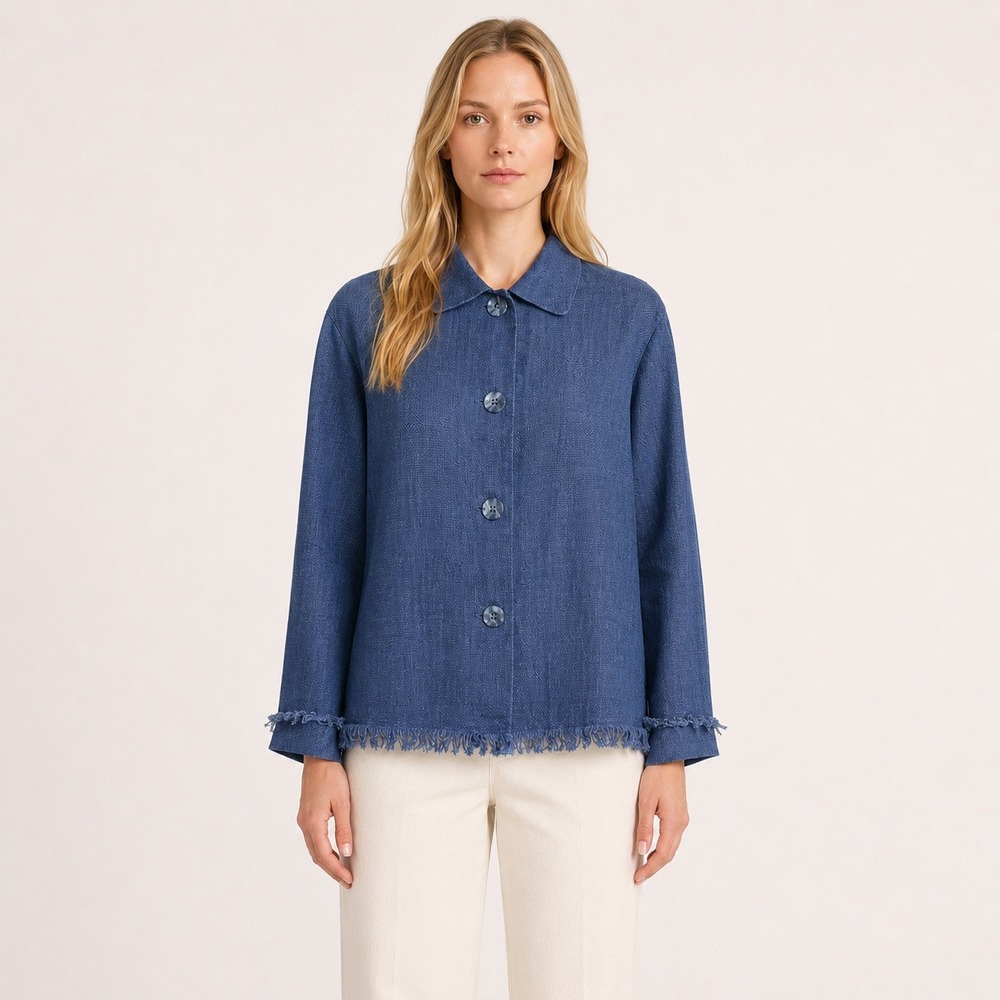 Vintage 90s‎ Linen Jacket Boxy Size 4 Blue Fringe Button Front Coastal Grandma